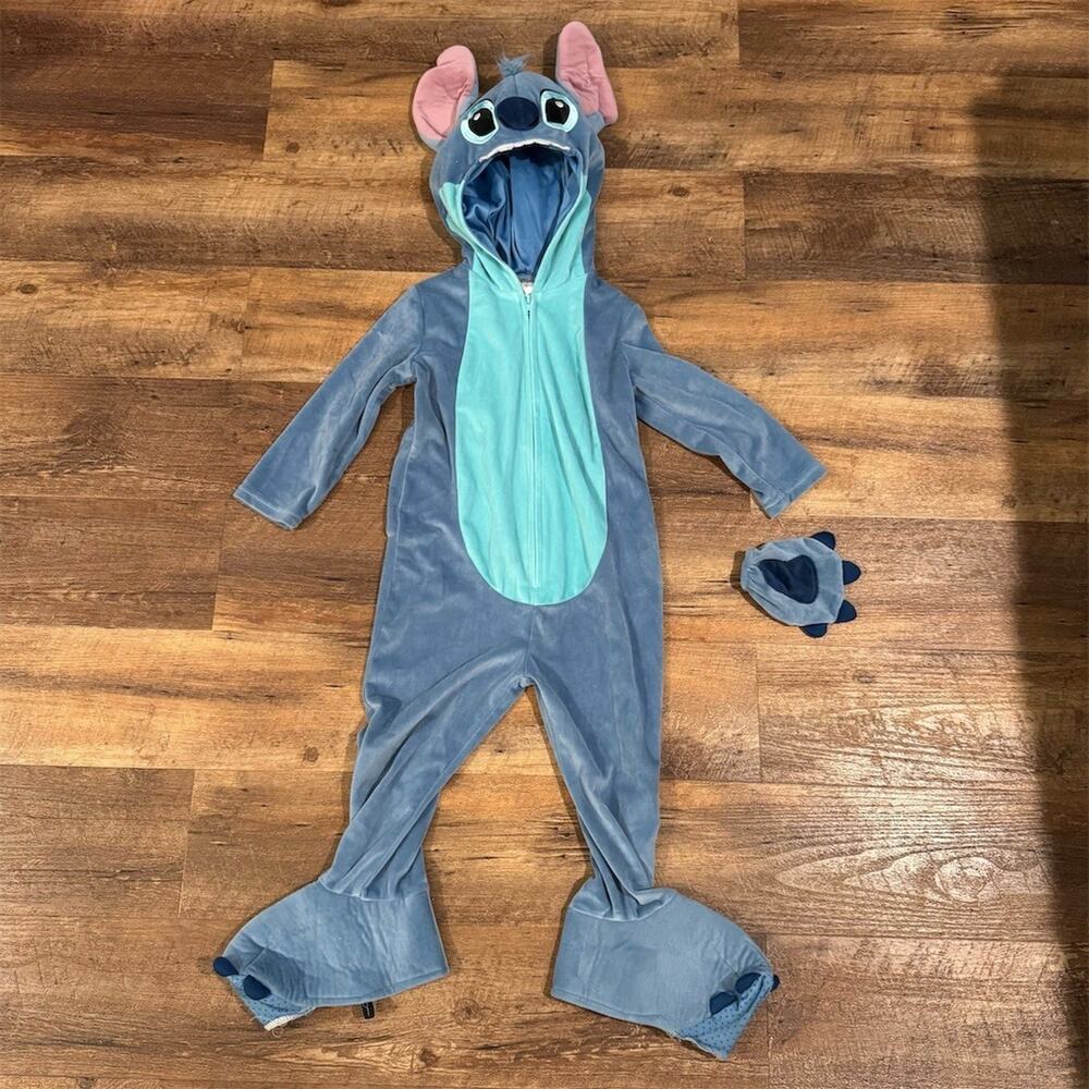 Disney Stitch Costume Zip Jumpsuit Hooded Blue Toddler 3-4T Lilo Missing Glove